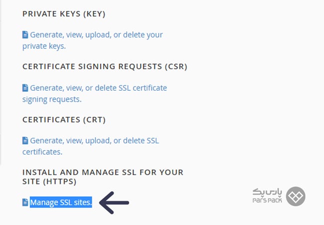 انتخاب گزینه‌ی Manage SSL Sites